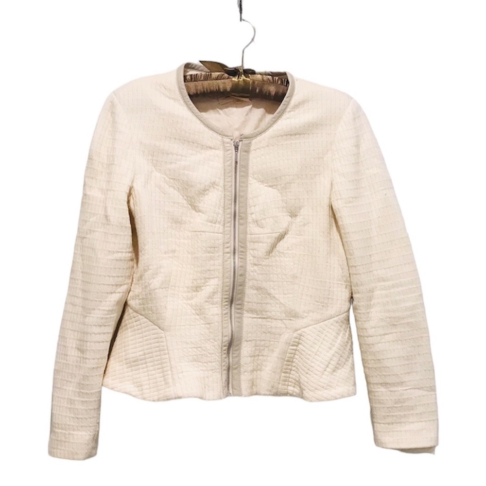 Rebecca Taylor white peplum zippered blazer with 100% lamb skin trim